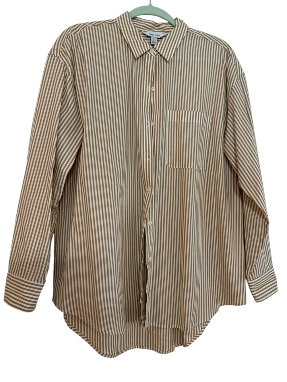 Nine West Tan and White Vertical Stripe Button-Down Shirt Womens L